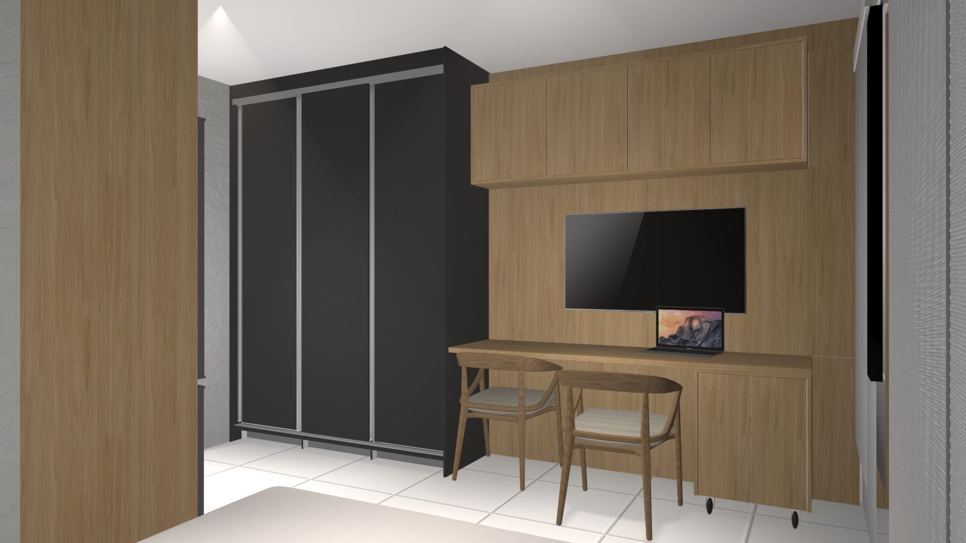 Guarda-roupa e painel de tv, móveis planejados para apartamento studio madeirado 02